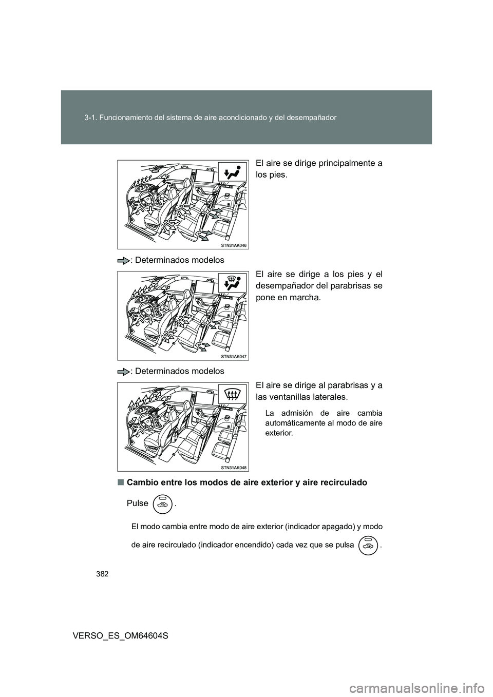 TOYOTA VERSO 2017  Manual del propietario (in Spanish) 382 
3-1. Funcionamiento del sistema de aire acondicionado y del desempañador
VERSO_ES_OM64604S 
El aire se dirige principalmente a 
los pies. 
: Determinados modelos 
El aire se dirige a los pies y 