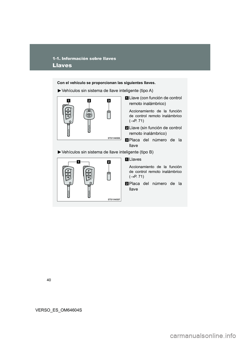 TOYOTA VERSO 2017  Manual del propietario (in Spanish) 40
VERSO_ES_OM64604S
1-1. Información sobre llaves
Llaves
Con el vehículo se proporcionan las siguientes llaves.
Vehículos sin sistema de llave inteligente (tipo A) 
Llave (con función de control 