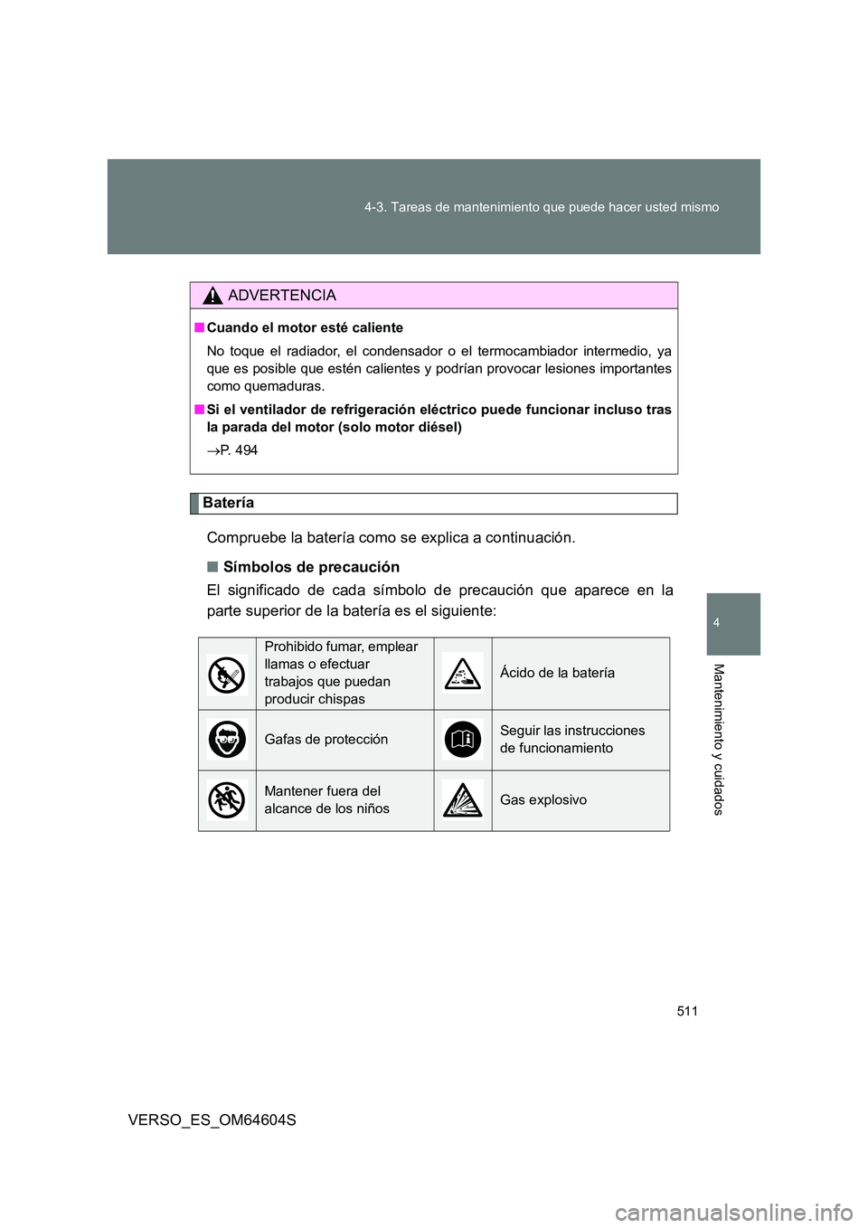 TOYOTA VERSO 2017  Manual del propietario (in Spanish) 511 
4-3. Tareas de mantenimiento que puede hacer usted mismo
4
Mantenimiento y cuidados
VERSO_ES_OM64604S
Batería 
Compruebe la batería como se explica a continuación. 
■ Símbolos de precaució