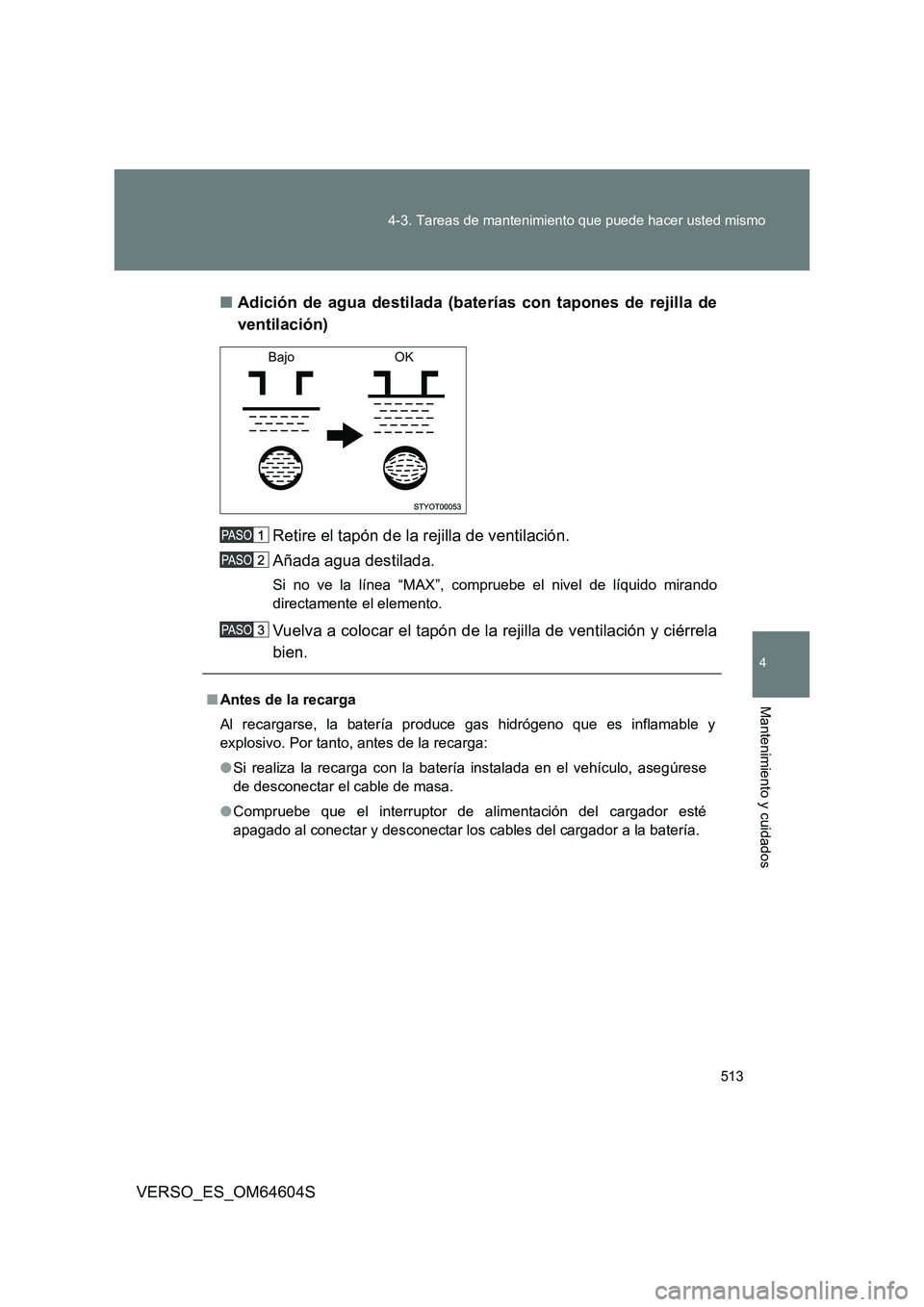 TOYOTA VERSO 2017  Manual del propietario (in Spanish) 513 
4-3. Tareas de mantenimiento que puede hacer usted mismo
4
Mantenimiento y cuidados
VERSO_ES_OM64604S 
■ Adición de agua destilada (baterías con tapones de rejilla de 
ventilación) 
Retire e