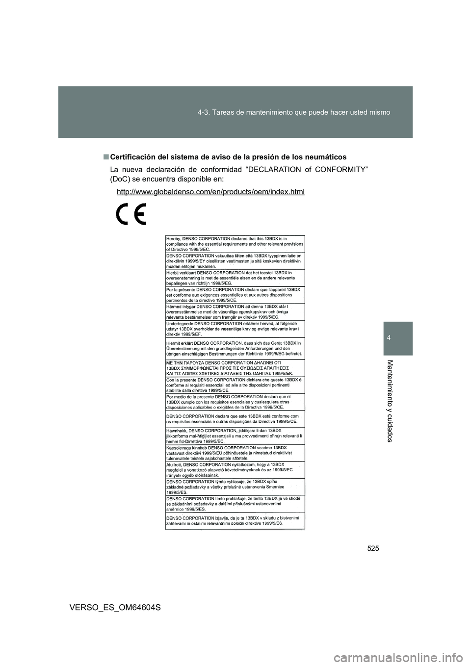 TOYOTA VERSO 2017  Manual del propietario (in Spanish) 525 
4-3. Tareas de mantenimiento que puede hacer usted mismo
4
Mantenimiento y cuidados
VERSO_ES_OM64604S
■ Certificación del sistema de aviso de la presión de los neumáticos 
La nueva declaraci