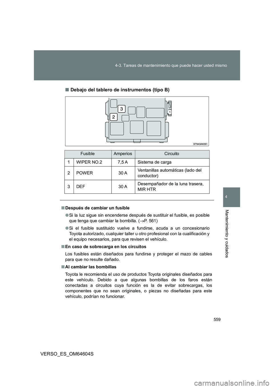 TOYOTA VERSO 2017  Manual del propietario (in Spanish) 559 
4-3. Tareas de mantenimiento que puede hacer usted mismo
4
Mantenimiento y cuidados
VERSO_ES_OM64604S 
■ Debajo del tablero de instrumentos (tipo B)
FusibleAmperiosCircuito 
1 WIPER NO.2 7,5 A 