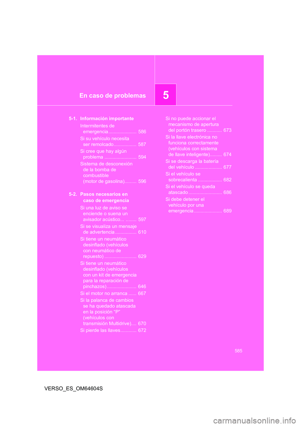 TOYOTA VERSO 2017  Manual del propietario (in Spanish) 5En caso de problemas
585
VERSO_ES_OM64604S
5-1. Información importante 
Intermitentes de  
emergencia .....................  586 
Si su vehículo necesita  
ser remolcado .................  587 
Si 