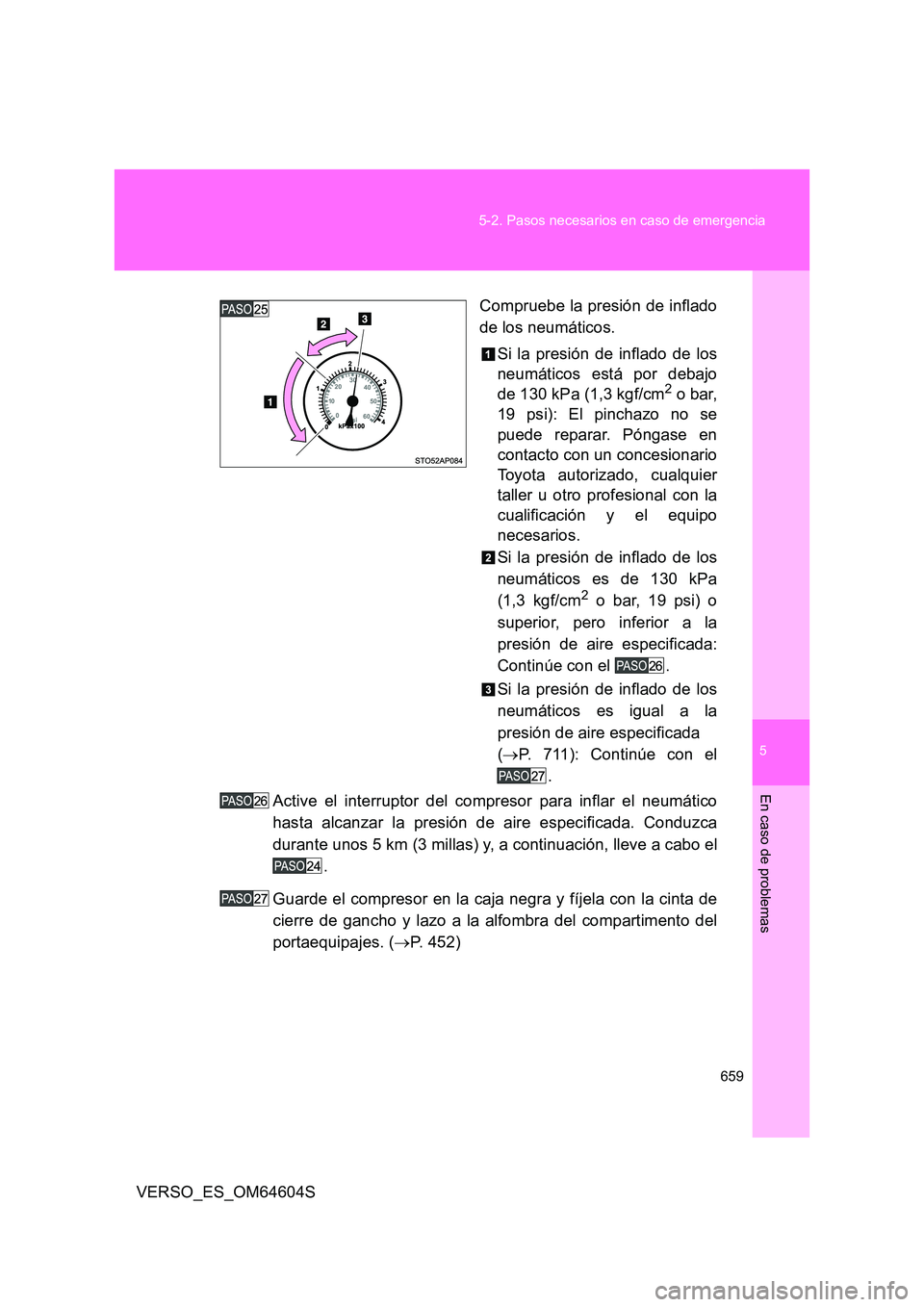 TOYOTA VERSO 2017 Manual del propietario (in Spanish) 5
659
5-2. Pasos necesarios en caso de emergencia
En caso de problemas
VERSO_ES_OM64604S
Compruebe la presión de inflado
de los neumáticos.
Si la presión de inflado de los
neumáticos está po TOYOTA VERSO 2017 Manual del propietario (in Spanish) 5
659
5-2. Pasos necesarios en caso de emergencia
En caso de problemas
VERSO_ES_OM64604S
Compruebe la presión de inflado
de los neumáticos.
Si la presión de inflado de los
neumáticos está po