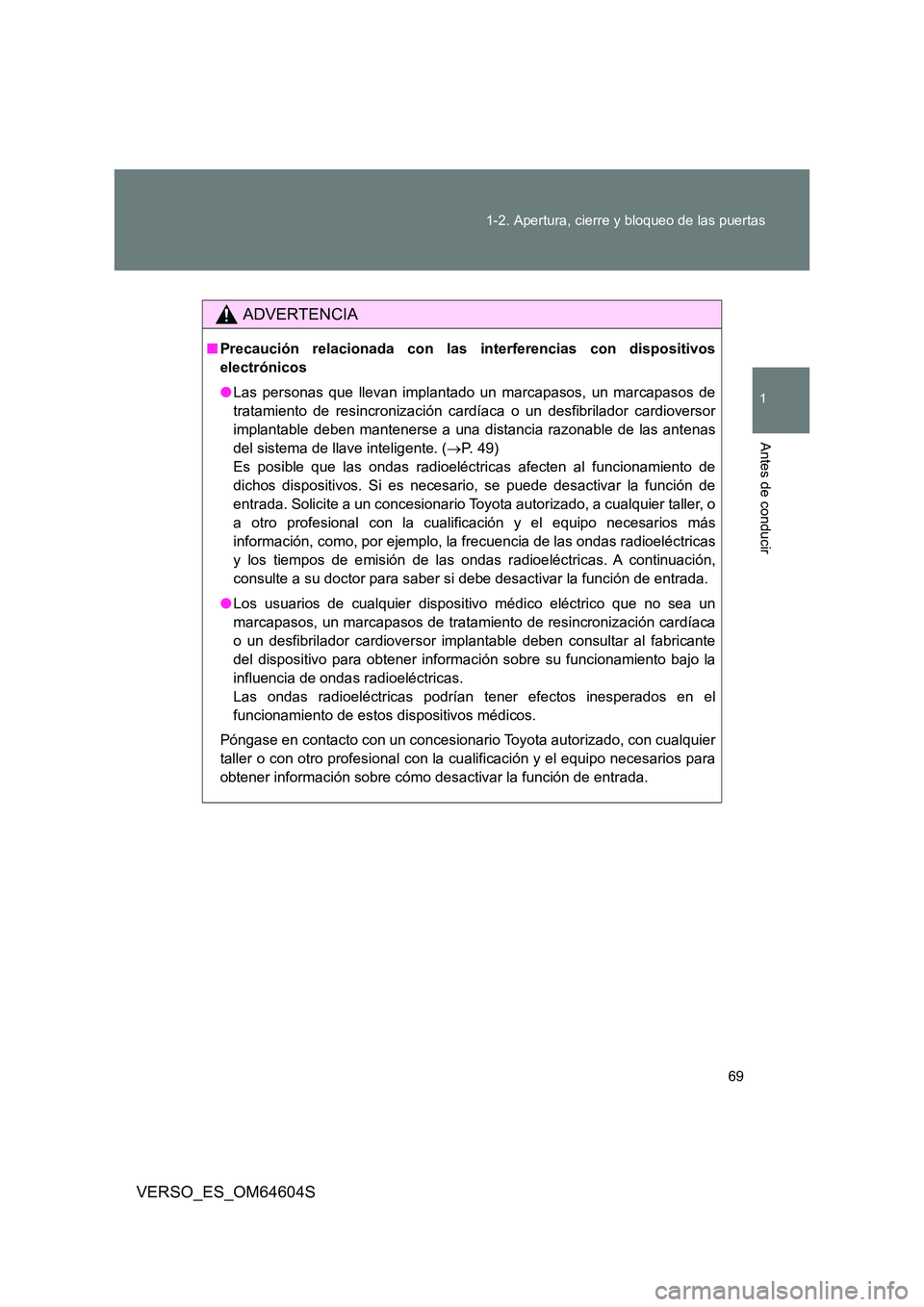 TOYOTA VERSO 2017  Manual del propietario (in Spanish) 69 
1-2. Apertura, cierre y bloqueo de las puertas
1
Antes de conducir
VERSO_ES_OM64604S
ADVERTENCIA
■ Precaución relacionada con las interferencias con dispositivos 
electrónicos 
● Las persona