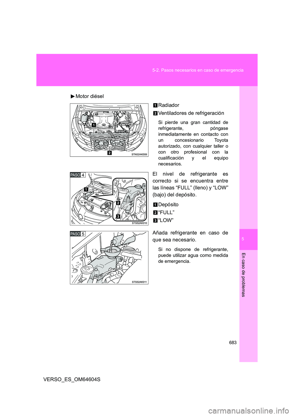 TOYOTA VERSO 2017  Manual del propietario (in Spanish) 5
683 
5-2. Pasos necesarios en caso de emergencia
En caso de problemas
VERSO_ES_OM64604S 
Motor diésel 
Radiador 
Ventiladores de refrigeración
Si pierde una gran cantidad de 
refrigerante, póngas