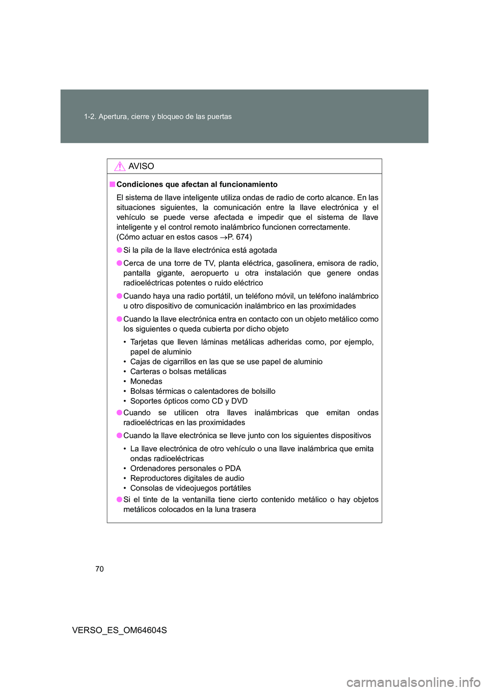 TOYOTA VERSO 2017  Manual del propietario (in Spanish) 70 
1-2. Apertura, cierre y bloqueo de las puertas
VERSO_ES_OM64604S
AV I S O
■ Condiciones que afectan al funcionamiento 
El sistema de llave inteligente utiliza ondas de radio de corto alcance. En