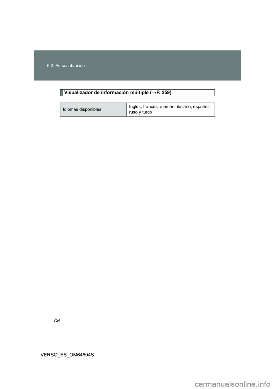 TOYOTA VERSO 2017  Manual del propietario (in Spanish) 724 
6-2. Personalización
VERSO_ES_OM64604S
Visualizador de información múltiple ( P. 259)
Idiomas disponiblesInglés, francés, alemán, italiano, español,  
ruso y turco 