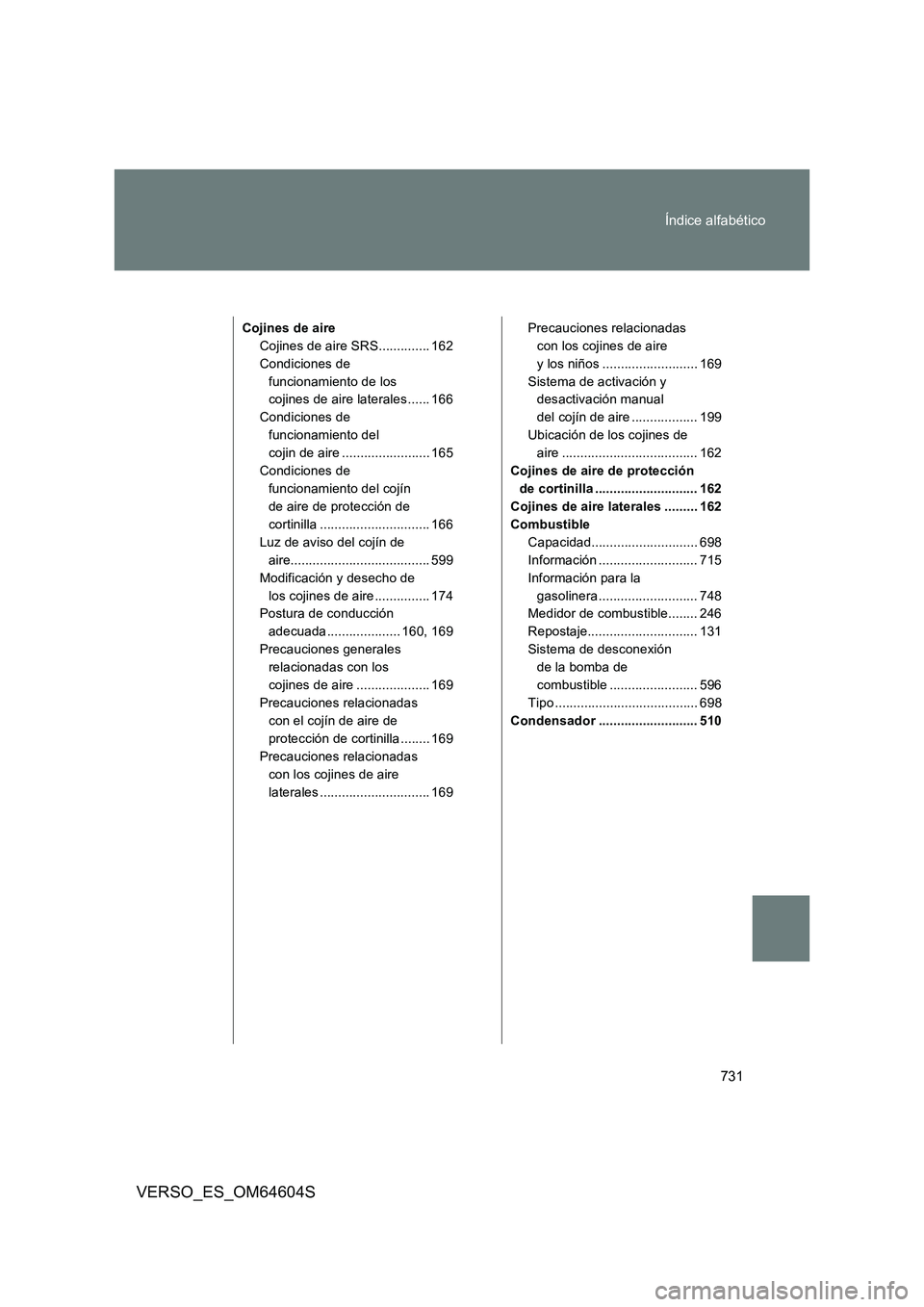 TOYOTA VERSO 2017 Manual del propietario (in Spanish) 731
Índice alfabético
VERSO_ES_OM64604S
Cojines de aire
Cojines de aire SRS.............. 162
Condiciones de
funcionamiento de los
cojines de aire laterales ...... 166
Condiciones de
funciona TOYOTA VERSO 2017 Manual del propietario (in Spanish) 731
Índice alfabético
VERSO_ES_OM64604S
Cojines de aire
Cojines de aire SRS.............. 162
Condiciones de
funcionamiento de los
cojines de aire laterales ...... 166
Condiciones de
funciona