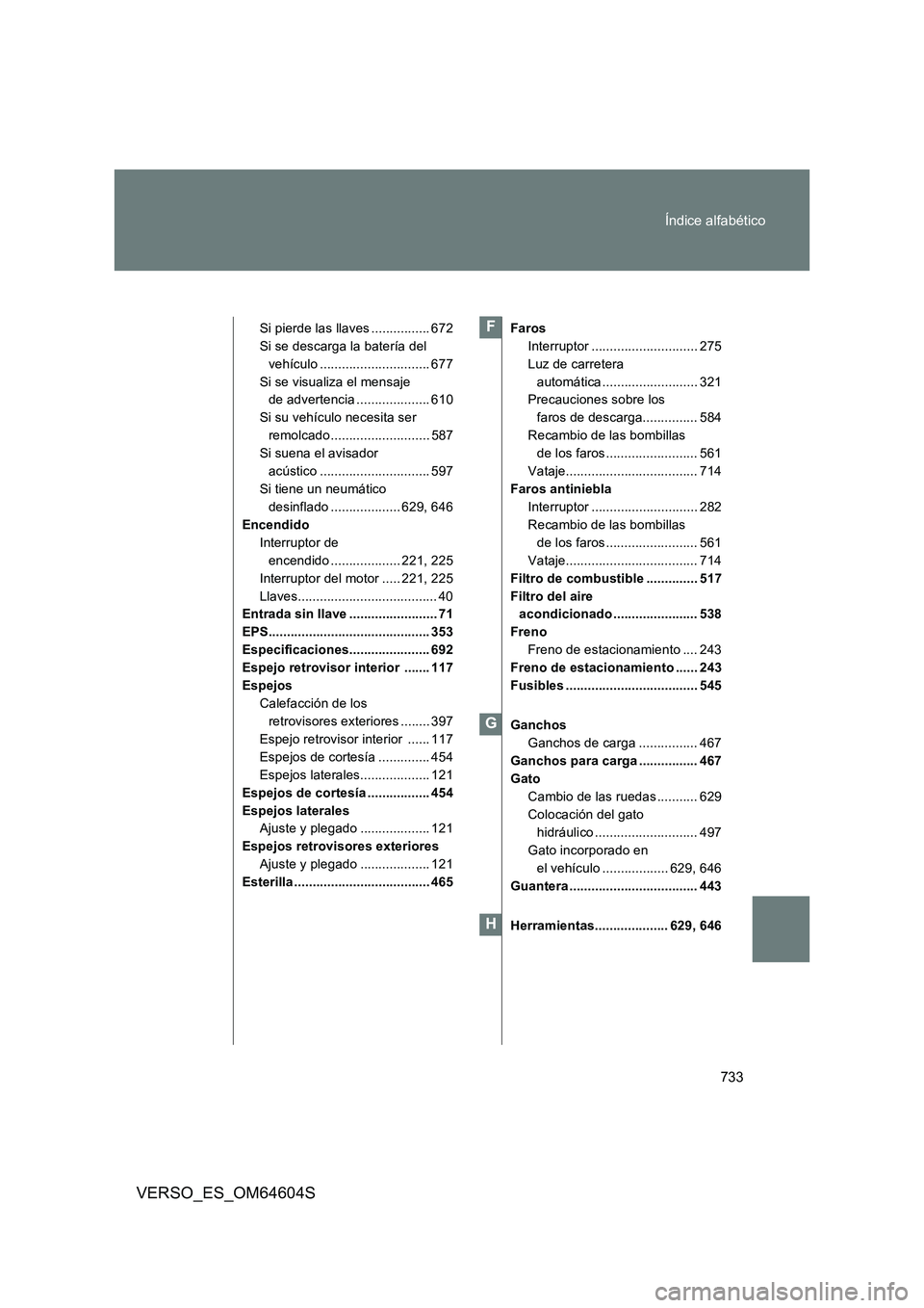 TOYOTA VERSO 2017 Manual del propietario (in Spanish) 733
Índice alfabético
VERSO_ES_OM64604S
Si pierde las llaves ................ 672
Si se descarga la batería del
vehículo .............................. 677
Si se visualiza el mensaje
de adver TOYOTA VERSO 2017 Manual del propietario (in Spanish) 733
Índice alfabético
VERSO_ES_OM64604S
Si pierde las llaves ................ 672
Si se descarga la batería del
vehículo .............................. 677
Si se visualiza el mensaje
de adver