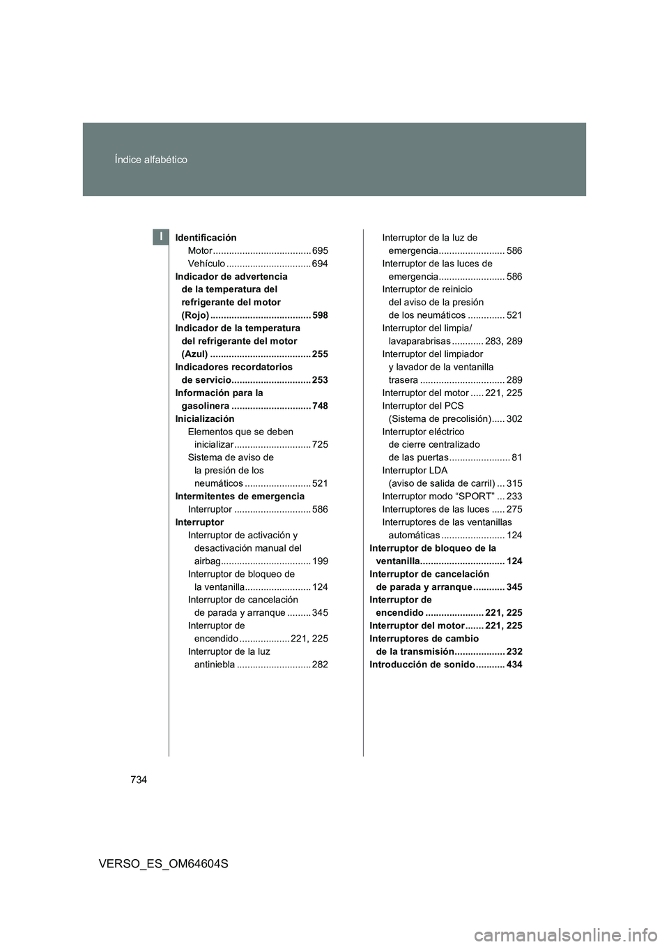 TOYOTA VERSO 2017 Manual del propietario (in Spanish) 734
Índice alfabético
VERSO_ES_OM64604S
Identificación
Motor ..................................... 695
Vehículo ................................ 694
Indicador de advertencia
de la temperatura TOYOTA VERSO 2017 Manual del propietario (in Spanish) 734
Índice alfabético
VERSO_ES_OM64604S
Identificación
Motor ..................................... 695
Vehículo ................................ 694
Indicador de advertencia
de la temperatura
