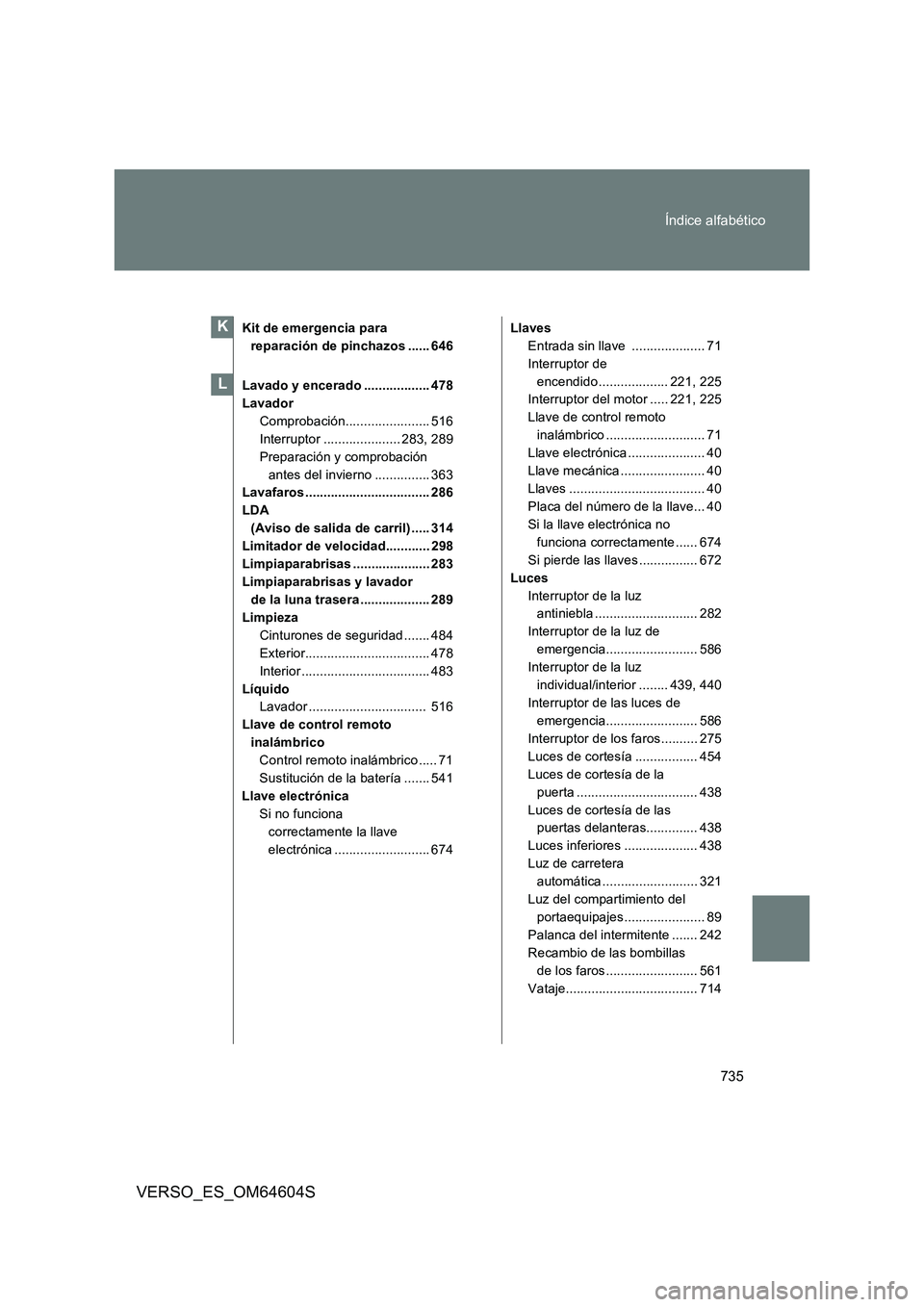 TOYOTA VERSO 2017 Manual del propietario (in Spanish) 735
Índice alfabético
VERSO_ES_OM64604S
Kit de emergencia para
reparación de pinchazos ...... 646
Lavado y encerado .................. 478
Lavador
Comprobación....................... 516
Inte TOYOTA VERSO 2017 Manual del propietario (in Spanish) 735
Índice alfabético
VERSO_ES_OM64604S
Kit de emergencia para
reparación de pinchazos ...... 646
Lavado y encerado .................. 478
Lavador
Comprobación....................... 516
Inte