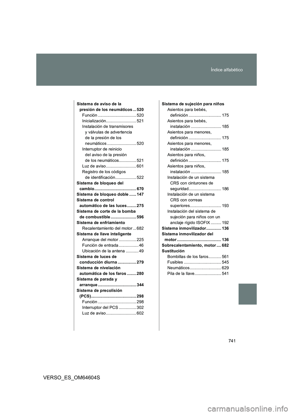 TOYOTA VERSO 2017  Manual del propietario (in Spanish) 741 
Índice alfabético
VERSO_ES_OM64604S
Sistema de aviso de la  
presión de los neumáticos ... 520
Función ................................. 520
Inicialización.......................... 521 
In
