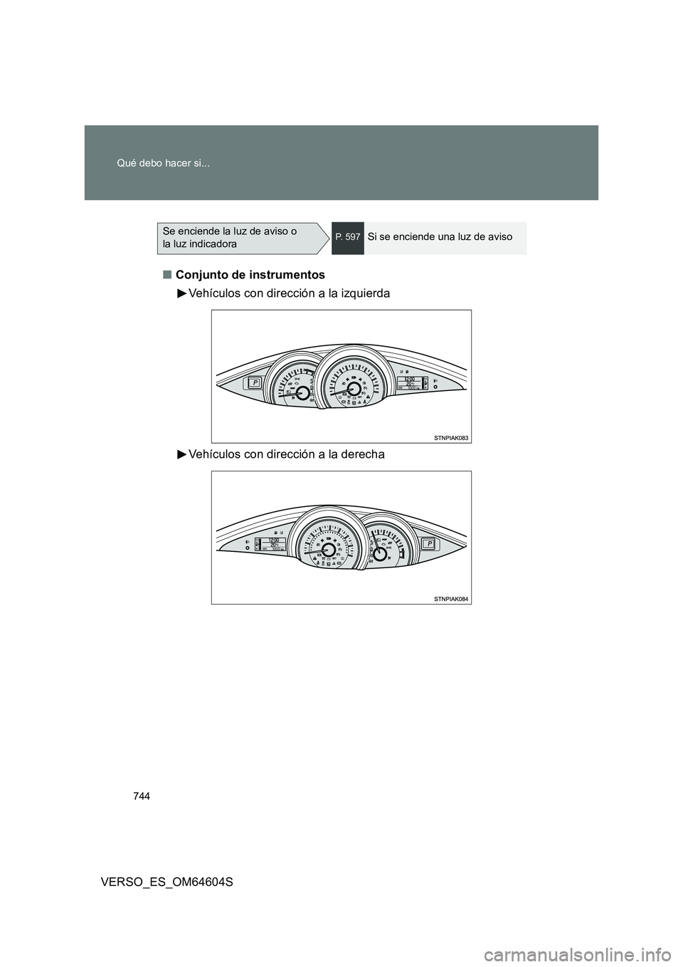 TOYOTA VERSO 2017  Manual del propietario (in Spanish) 744 
Qué debo hacer si...
VERSO_ES_OM64604S 
■ Conjunto de instrumentos 
Vehículos con dirección a la izquierda 
Vehículos con dirección a la derecha
Se enciende la luz de aviso o  
la luz indi