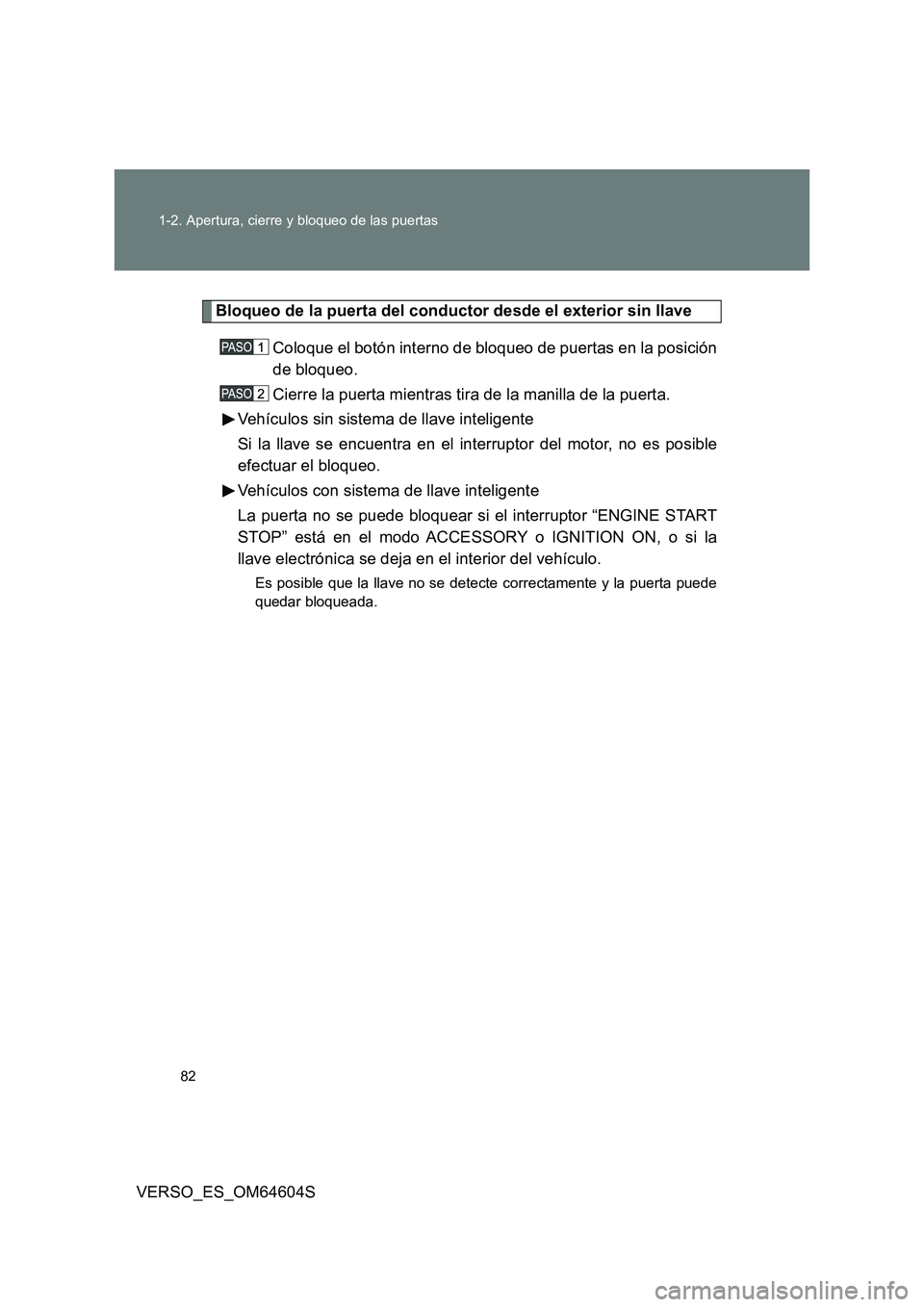 TOYOTA VERSO 2017  Manual del propietario (in Spanish) 82 
1-2. Apertura, cierre y bloqueo de las puertas
VERSO_ES_OM64604S
Bloqueo de la puerta del conductor desde el exterior sin llave 
Coloque el botón interno de bloqueo de puertas en la posición 
de
