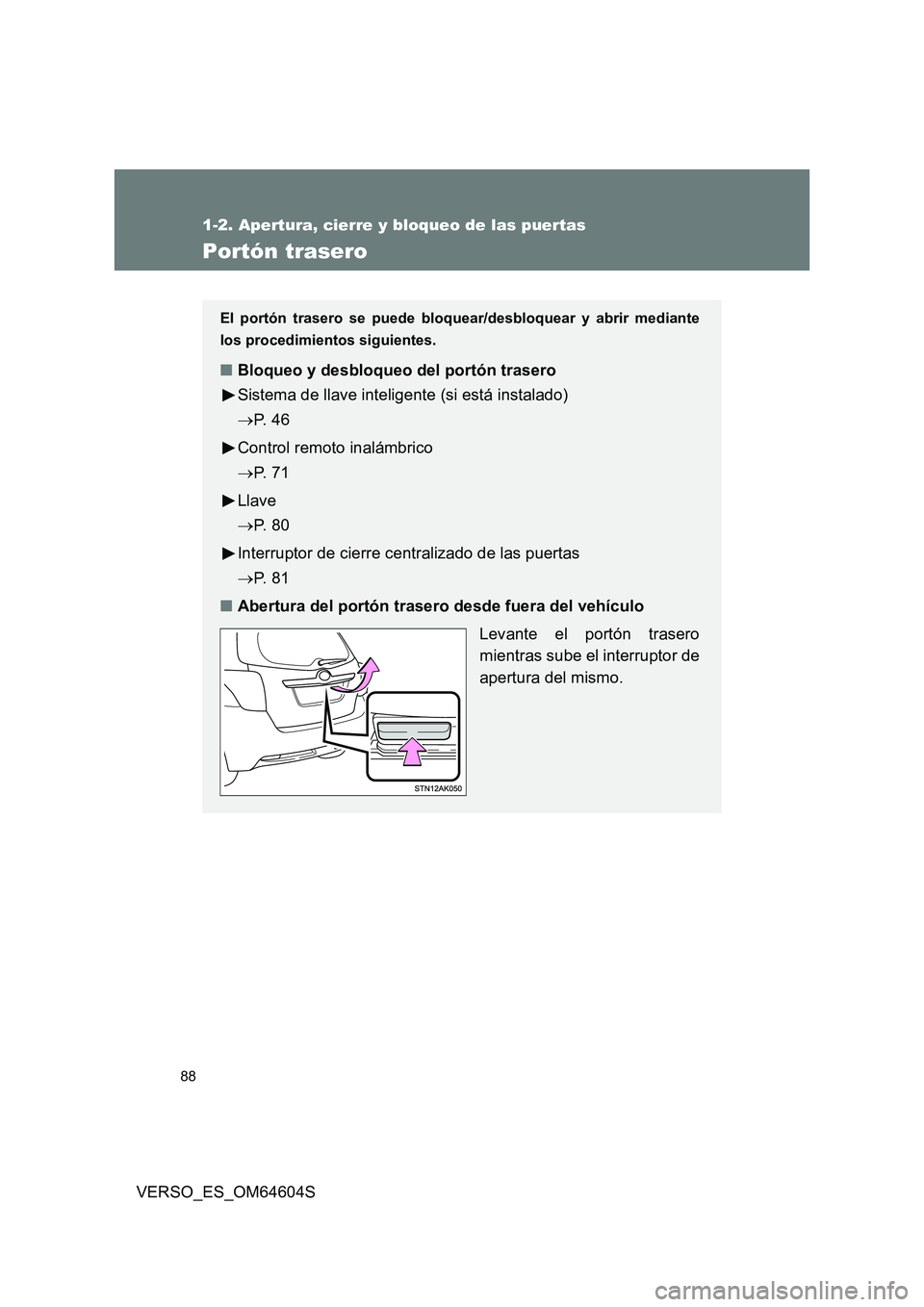 TOYOTA VERSO 2017  Manual del propietario (in Spanish) 88
1-2. Apertura, cierre y bloqueo de las puertas
VERSO_ES_OM64604S
Portón trasero
El portón trasero se puede bloquear/desbloquear y abrir mediante 
los procedimientos siguientes.
■ Bloqueo y desb