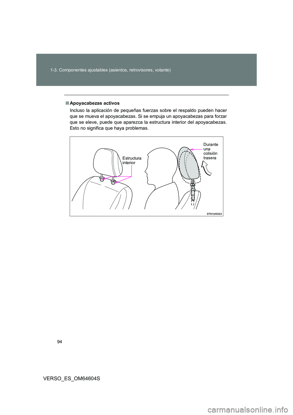 TOYOTA VERSO 2017  Manual del propietario (in Spanish) 94 
1-3. Componentes ajustables (asientos, retrovisores, volante)
VERSO_ES_OM64604S
■ Apoyacabezas activos 
Incluso la aplicación de pequeñas fuerzas sobre el respaldo pueden hacer 
que se mueva e