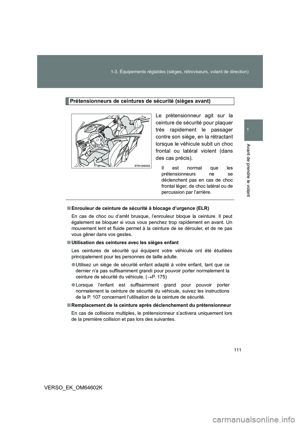 TOYOTA VERSO 2017 Manuel du propriétaire (in French) 111
1-3. Équipements réglables (sièges, rétroviseurs, volant de direction)
1
Avant de prendre le volant
VERSO_EK_OM64602K
Prétensionneurs de ceintures de sécurité (sièges avant)
Le prétensi TOYOTA VERSO 2017 Manuel du propriétaire (in French) 111
1-3. Équipements réglables (sièges, rétroviseurs, volant de direction)
1
Avant de prendre le volant
VERSO_EK_OM64602K
Prétensionneurs de ceintures de sécurité (sièges avant)
Le prétensi