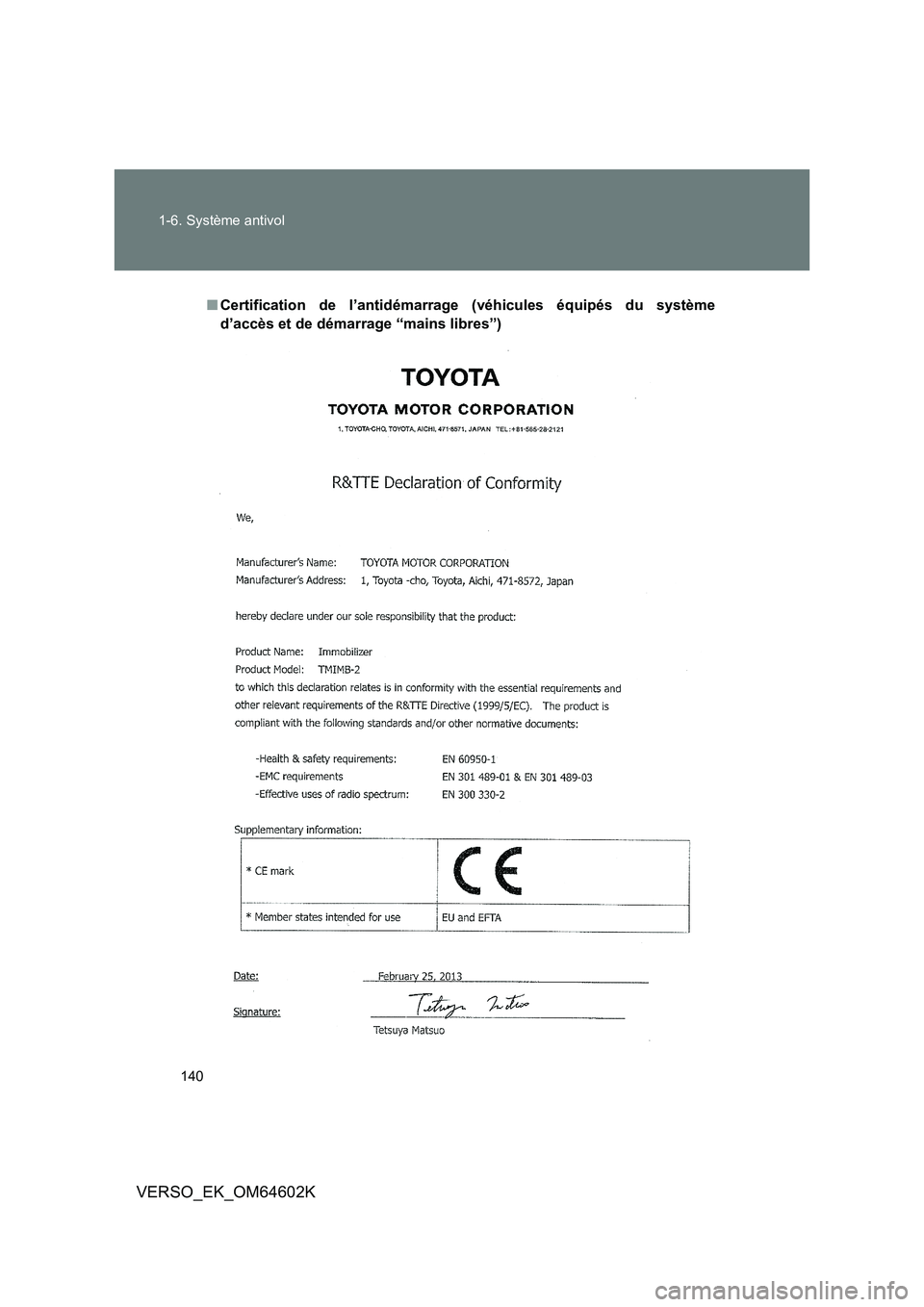TOYOTA VERSO 2017  Manuel du propriétaire (in French) 140 
1-6. Système antivol
VERSO_EK_OM64602K
■ Certification de l’antidémarrage (véhicules équipés du système 
d’accès et de démarrage “mains libres”) 