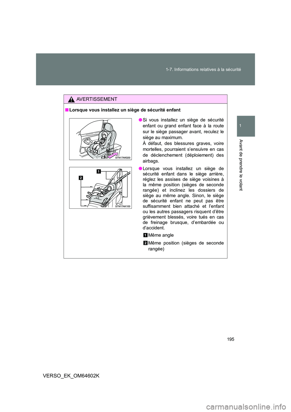 TOYOTA VERSO 2017  Manuel du propriétaire (in French) 195 
1-7. Informations relatives à la sécurité
1
Avant de prendre le volant
VERSO_EK_OM64602K
AVERTISSEMENT
■ Lorsque vous installez un siège de sécurité enfant
●Si vous installez un siège 