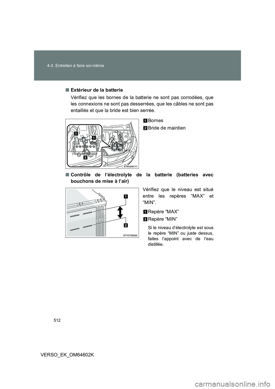 TOYOTA VERSO 2017  Manuel du propriétaire (in French) 512 
4-3. Entretien à faire soi-même
VERSO_EK_OM64602K 
■ Extérieur de la batterie 
Vérifiez que les bornes de la batterie ne sont pas corrodées, que 
les connexions ne sont pas desserrées, qu