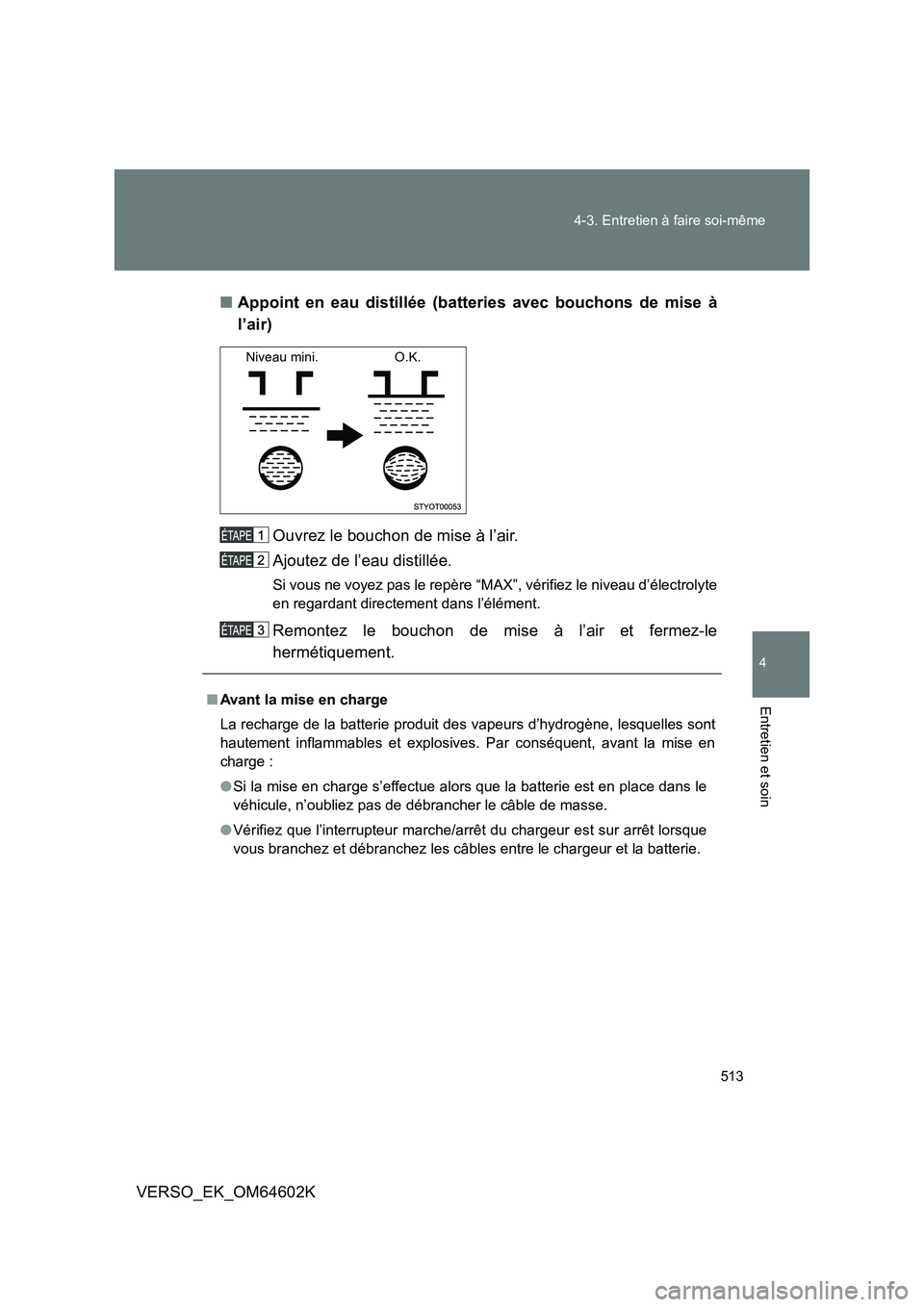 TOYOTA VERSO 2017  Manuel du propriétaire (in French) 513 
4-3. Entretien à faire soi-même
4
Entretien et soin
VERSO_EK_OM64602K 
■ Appoint en eau distillée (batteries avec bouchons de mise à 
l’air) 
Ouvrez le bouchon de mise à l’air. 
Ajoute