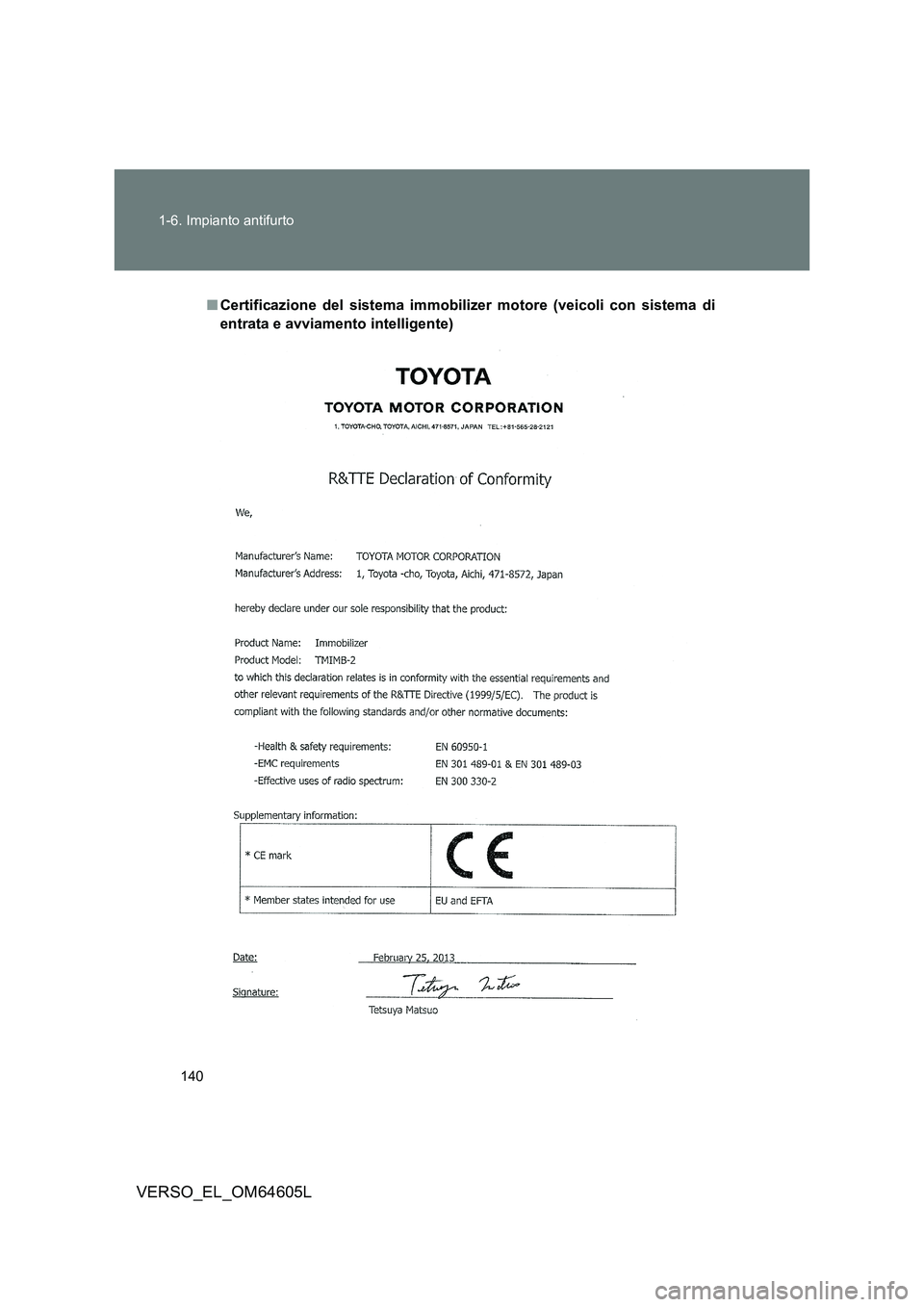 TOYOTA VERSO 2017  Manuale duso (in Italian) 140 
1-6. Impianto antifurto
VERSO_EL_OM64605L
■ Certificazione del sistema immobilizer motore (veicoli con sistema di 
entrata e avviamento intelligente) 