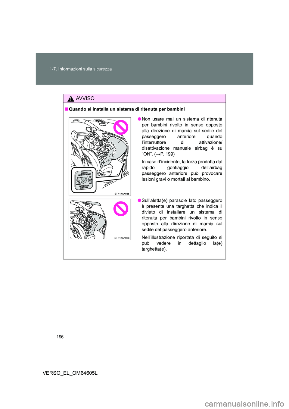 TOYOTA VERSO 2017  Manuale duso (in Italian) 196 
1-7. Informazioni sulla sicurezza
VERSO_EL_OM64605L
AVVISO
■ Quando si installa un sistema di ritenuta per bambini
●Non usare mai un sistema di ritenuta 
per bambini rivolto in senso opposto

