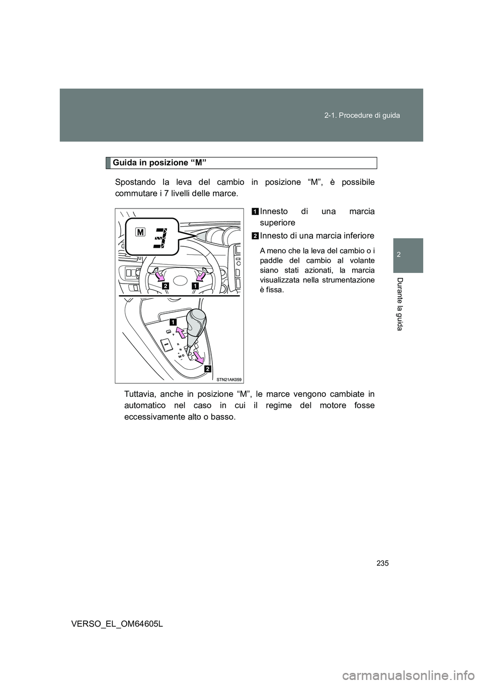TOYOTA VERSO 2017  Manuale duso (in Italian) 235 
2-1. Procedure di guida
2
Durante la guida
VERSO_EL_OM64605L
Guida in posizione “M” 
Spostando la leva del cambio in posizione “M”, è possibile 
commutare i 7 livelli delle marce. 
Innes