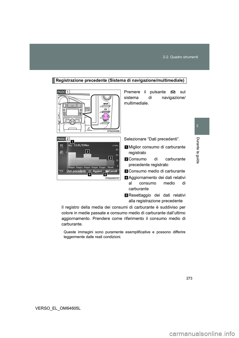 TOYOTA VERSO 2017  Manuale duso (in Italian) 273 
2-2. Quadro strumenti
2
Durante la guida
VERSO_EL_OM64605L
Registrazione precedente (Sistema di navigazione/multimediale) 
Premere il pulsante   sul 
sistema di navigazione/
multimediale. 
Selezi
