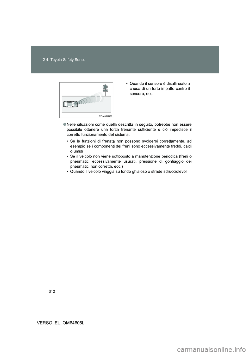 TOYOTA VERSO 2017  Manuale duso (in Italian) 312 
2-4. Toyota Safety Sense
VERSO_EL_OM64605L
● Nelle situazioni come quella descritta in seguito, potrebbe non essere 
possibile ottenere una forza frenante sufficiente e ciò impedisce il
corret