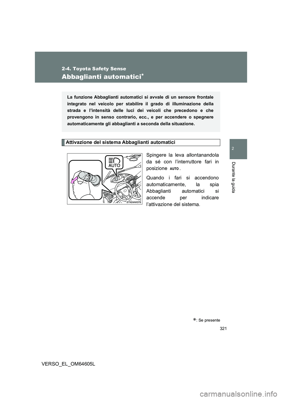TOYOTA VERSO 2017  Manuale duso (in Italian) 321
2-4. Toyota Safety Sense
2
Durante la guida
VERSO_EL_OM64605L
Abbaglianti automatici
Attivazione del sistema Abbaglianti automatici 
Spingere la leva allontanandola 
da sé con l’interruttore