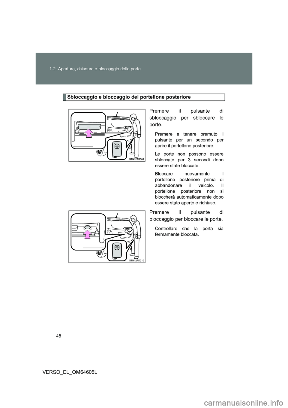 TOYOTA VERSO 2017  Manuale duso (in Italian) 48 
1-2. Apertura, chiusura e bloccaggio delle porte
VERSO_EL_OM64605L
Sbloccaggio e bloccaggio del portellone posteriore 
Premere il pulsante di 
sbloccaggio per sbloccare le
porte.
Premere e tenere 