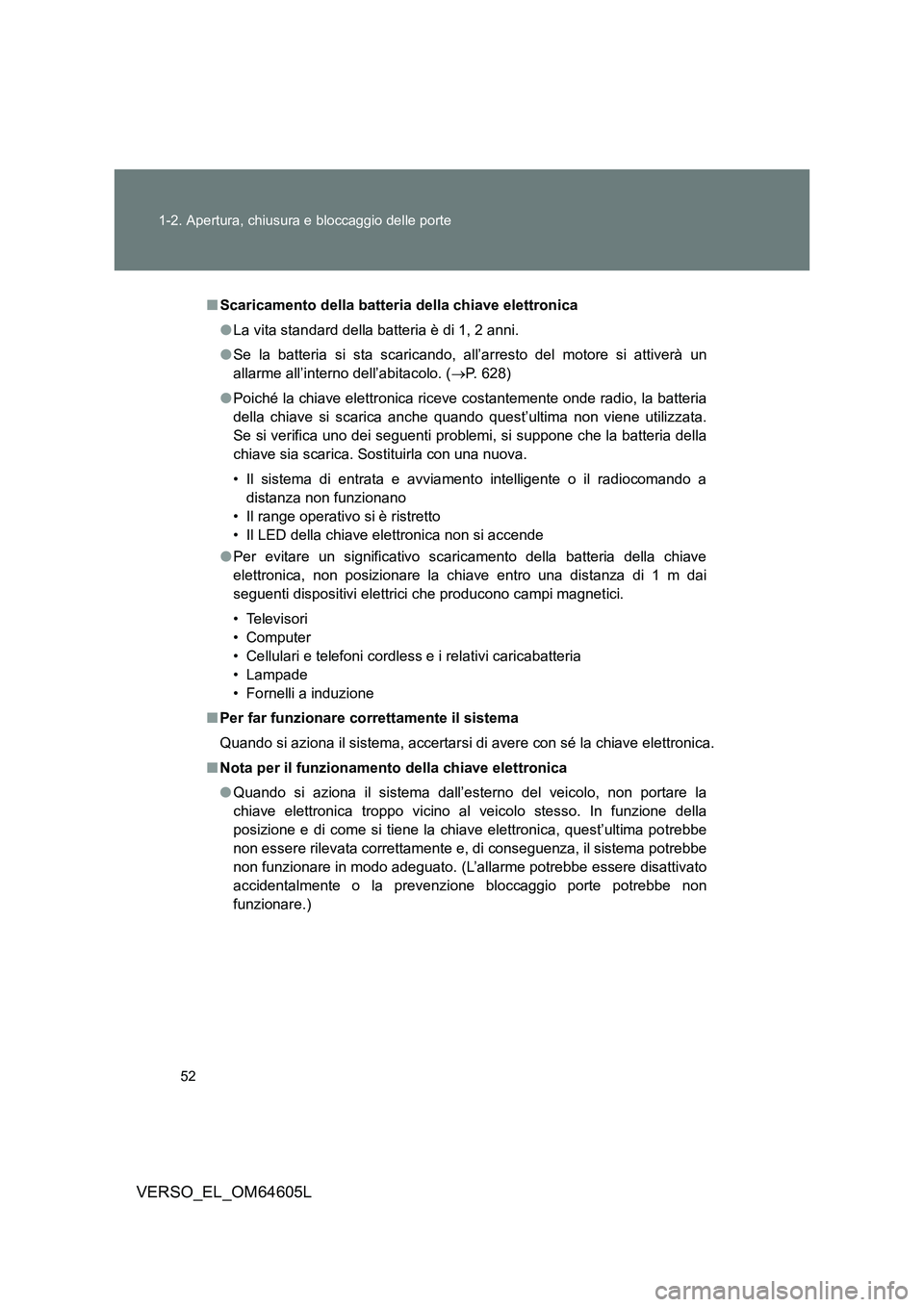 TOYOTA VERSO 2017 Manuale duso (in Italian) 52
1-2. Apertura, chiusura e bloccaggio delle porte
VERSO_EL_OM64605L
■ Scaricamento della batteria della chiave elettronica
● La vita standard della batteria è di 1, 2 anni.
● Se la batteri TOYOTA VERSO 2017 Manuale duso (in Italian) 52
1-2. Apertura, chiusura e bloccaggio delle porte
VERSO_EL_OM64605L
■ Scaricamento della batteria della chiave elettronica
● La vita standard della batteria è di 1, 2 anni.
● Se la batteri