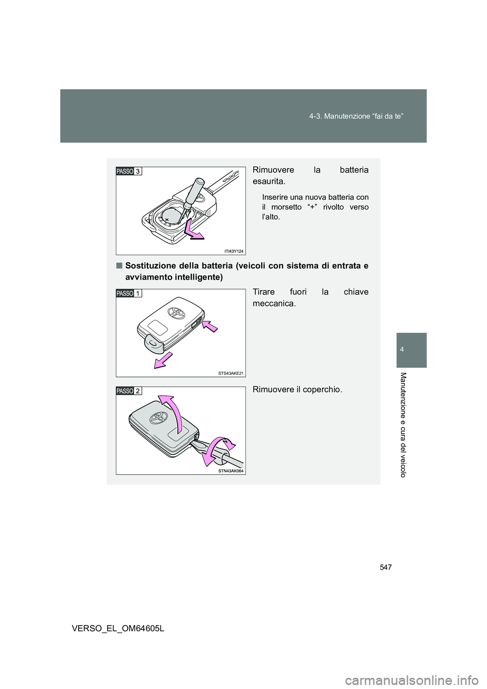 TOYOTA VERSO 2017  Manuale duso (in Italian) 547 
4-3. Manutenzione “fai da te”
4
Manutenzione e cura del veicolo
VERSO_EL_OM64605L
Rimuovere la batteria 
esaurita.
Inserire una nuova batteria con 
il morsetto “+” rivolto verso
l’alto.