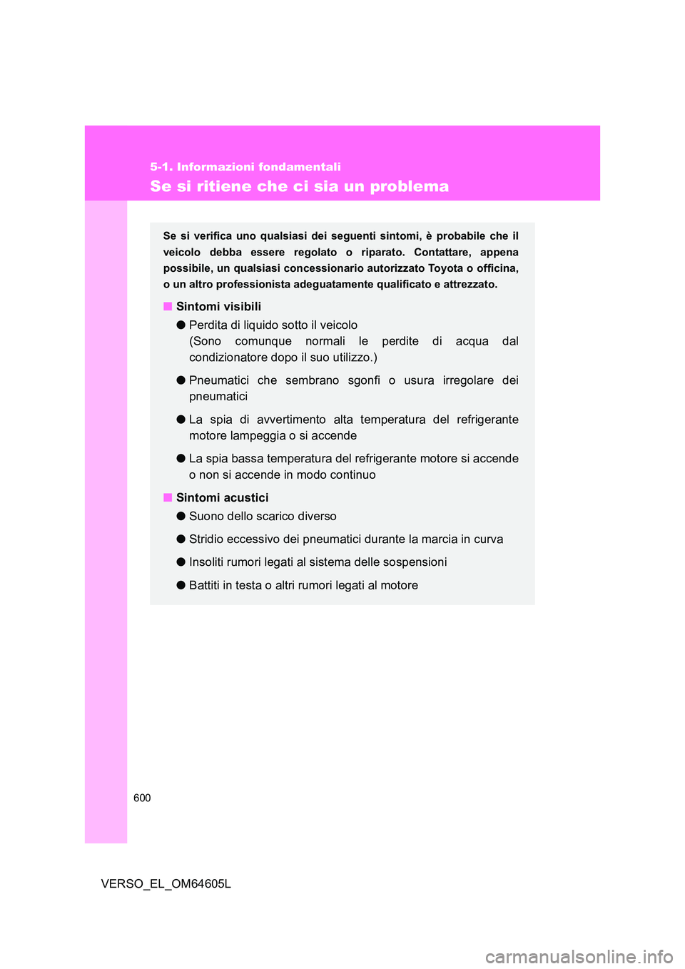 TOYOTA VERSO 2017  Manuale duso (in Italian) 600
5-1. Informazioni fondamentali
VERSO_EL_OM64605L
Se si ritiene che ci sia un problema
Se si verifica uno qualsiasi dei seguenti sintomi, è probabile che il 
veicolo debba essere regolato o ripara