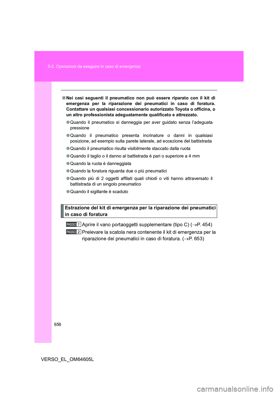 TOYOTA VERSO 2017  Manuale duso (in Italian) 656 
5-2. Operazioni da eseguire in caso di emergenza
VERSO_EL_OM64605L
Estrazione del kit di emergenza per la riparazione dei pneumatici 
in caso di foratura 
Aprire il vano portaoggetti supplementar