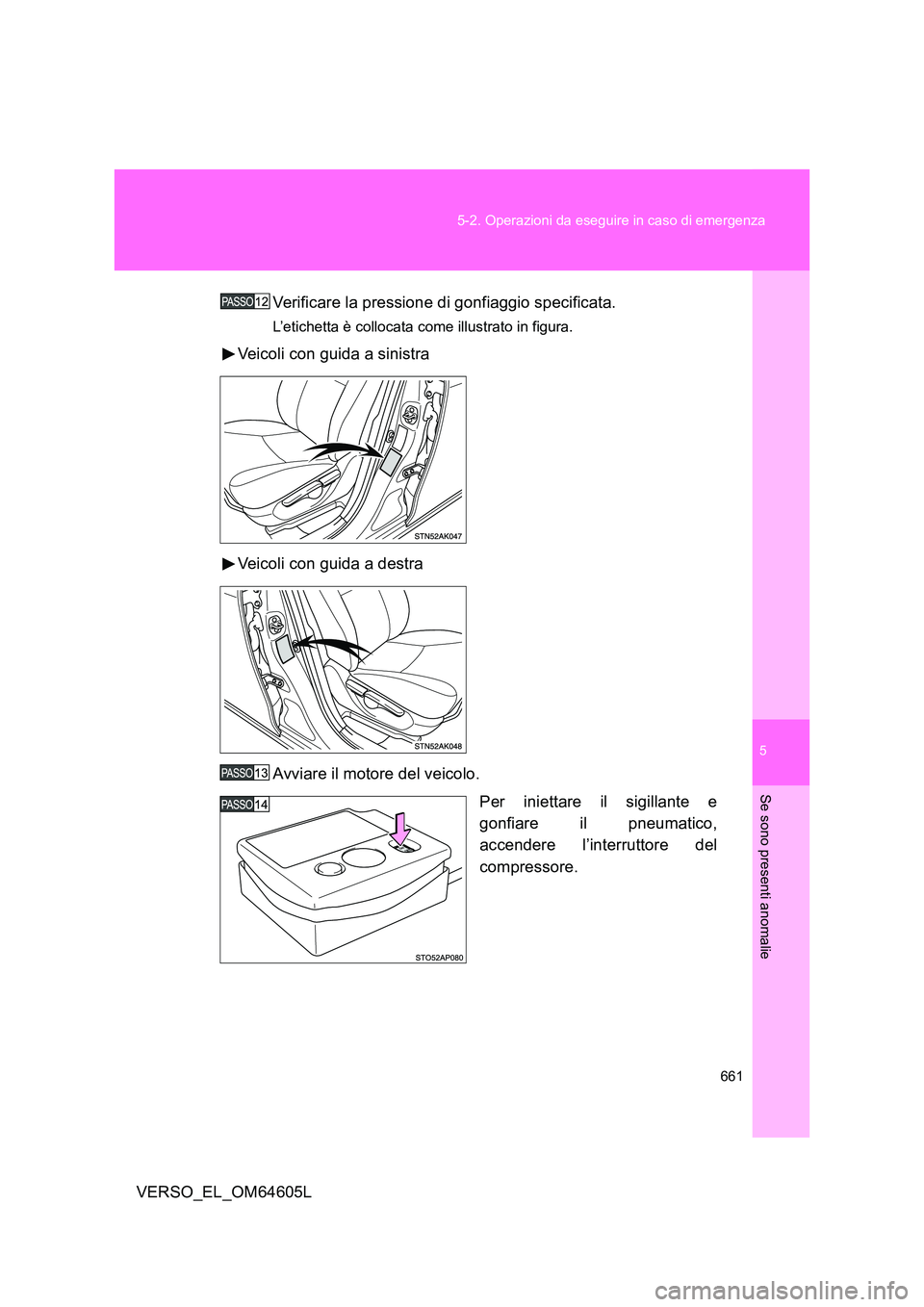 TOYOTA VERSO 2017  Manuale duso (in Italian) 5
661 
5-2. Operazioni da eseguire in caso di emergenza
Se sono presenti anomalie
VERSO_EL_OM64605L 
Verificare la pressione di gonfiaggio specificata.
L’etichetta è collocata come illustrato in fi