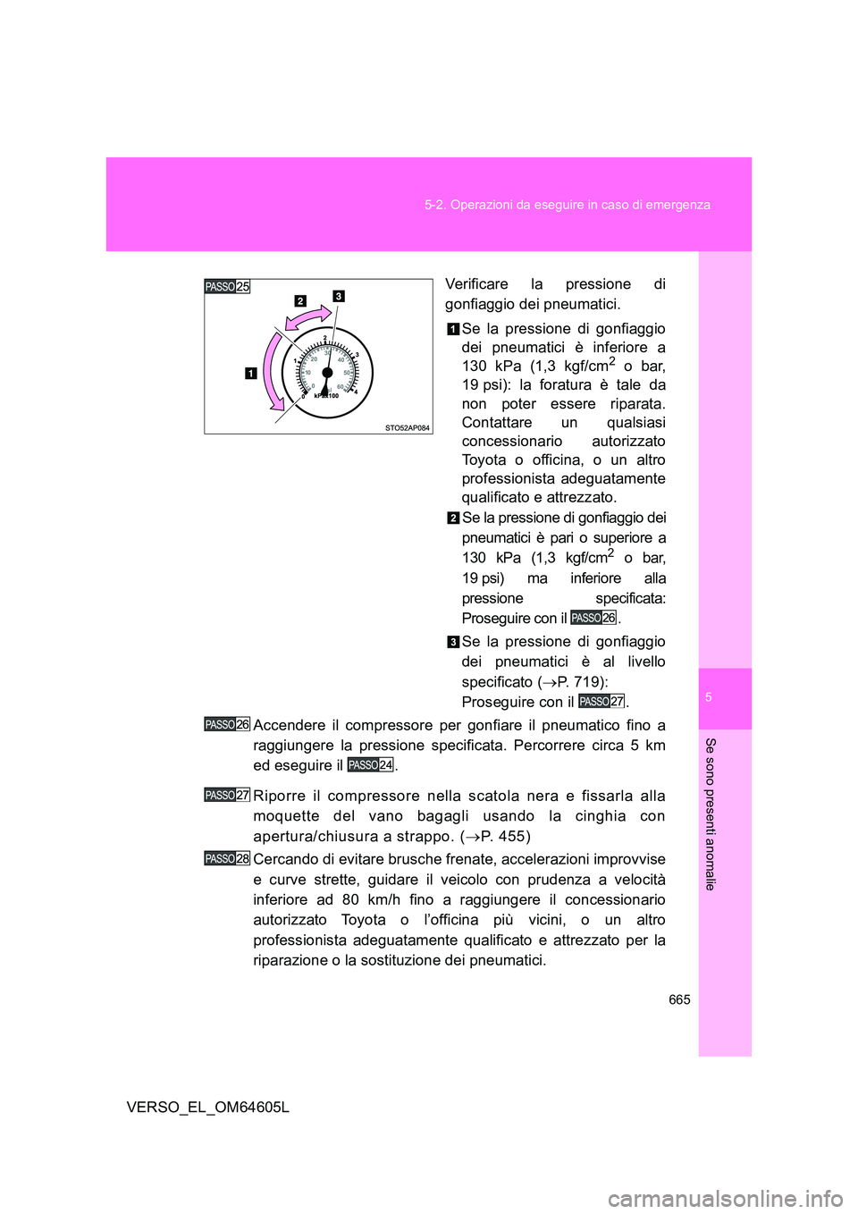 TOYOTA VERSO 2017 Manuale duso (in Italian) 5
665
5-2. Operazioni da eseguire in caso di emergenza
Se sono presenti anomalie
VERSO_EL_OM64605L
Verificare la pressione di
gonfiaggio dei pneumatici.
Se la pressione di gonfiaggio
dei pneumati TOYOTA VERSO 2017 Manuale duso (in Italian) 5
665
5-2. Operazioni da eseguire in caso di emergenza
Se sono presenti anomalie
VERSO_EL_OM64605L
Verificare la pressione di
gonfiaggio dei pneumatici.
Se la pressione di gonfiaggio
dei pneumati