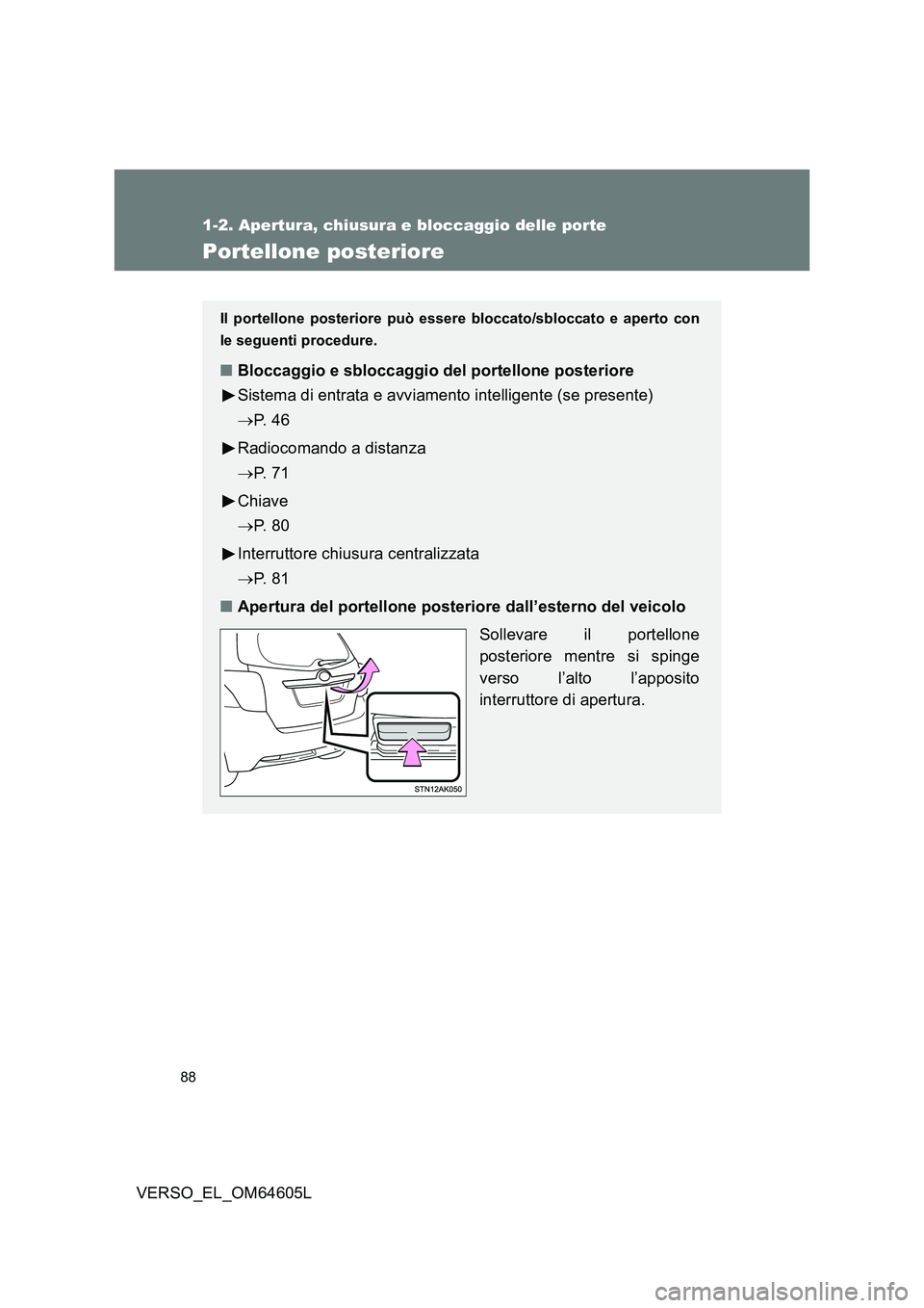 TOYOTA VERSO 2017  Manuale duso (in Italian) 88
1-2. Apertura, chiusura e bloccaggio delle porte
VERSO_EL_OM64605L
Portellone posteriore
Il portellone posteriore può essere bloccato/sbloccato e aperto con 
le seguenti procedure.
■ Bloccaggio 