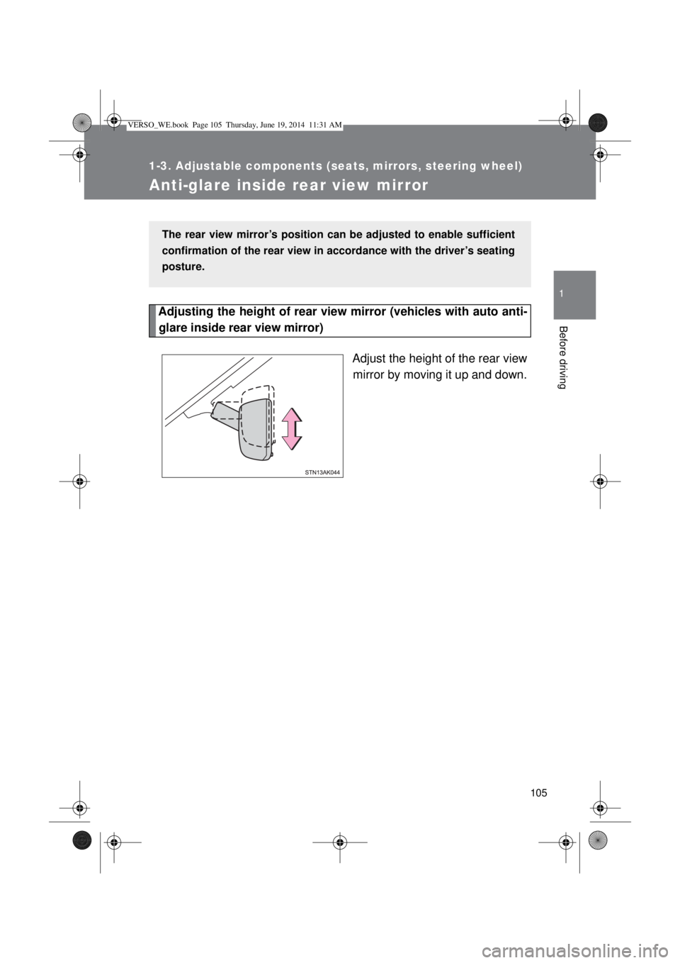 TOYOTA VERSO 2014  Owners Manual 105
1
1-3. Adjustable components (seats, mirrors, steering wheel)
Before driving
Anti-glare inside rear view mirror
Adjusting the height of rear view mirror (vehicles with auto anti-
glare inside rear