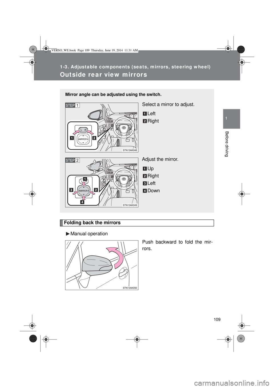 TOYOTA VERSO 2014  Owners Manual 109
1
1-3. Adjustable components (seats, mirrors, steering wheel)
Before driving
Outside rear view mirrors
Folding back the mirrors
Manual operation
Push backward to fold the mir-
rors.
Mirror angle c