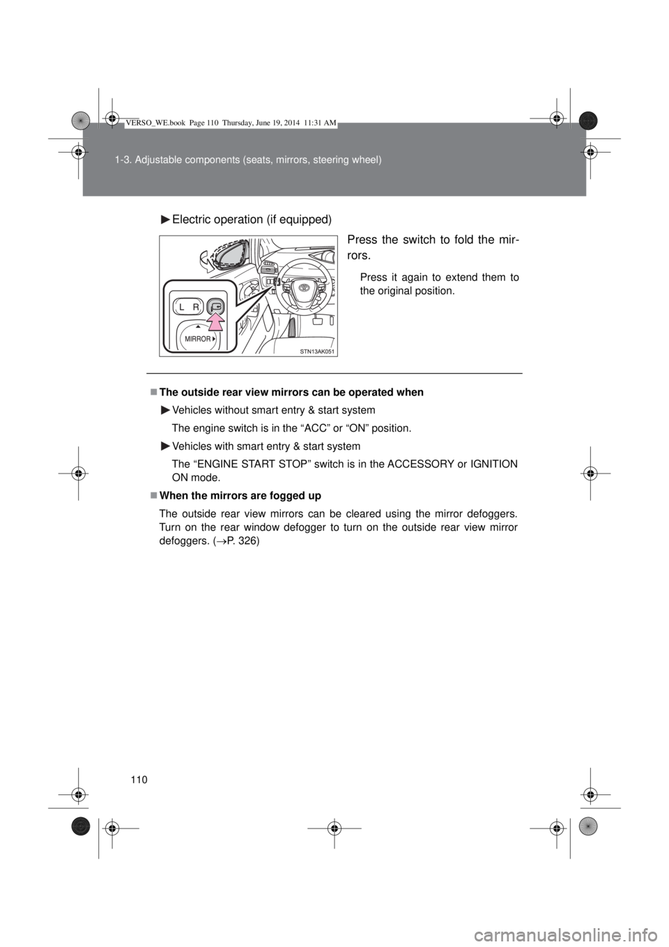 TOYOTA VERSO 2014  Owners Manual 110 1-3. Adjustable components (seats, mirrors, steering wheel)
Electric operation (if equipped)
Press the switch to fold the mir-
rors.
Press it again to extend them to
the original position.
The 