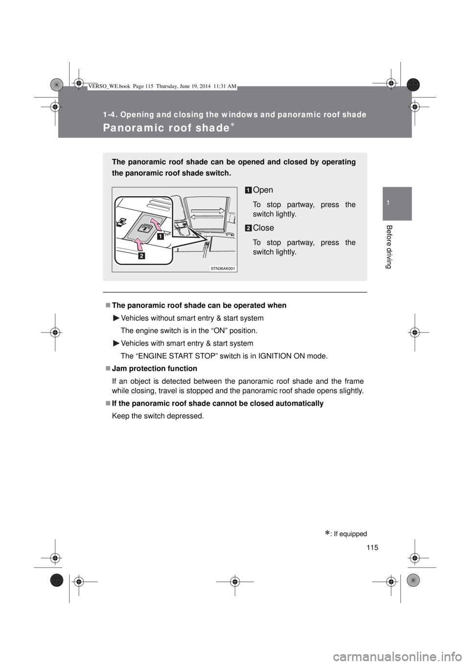 TOYOTA VERSO 2014  Owners Manual 115
1
1-4. Opening and closing the windows and panoramic roof shade
Before driving
Panoramic roof shade
: If equipped
The panoramic roof shade can be operated when
Vehicles without smart entr