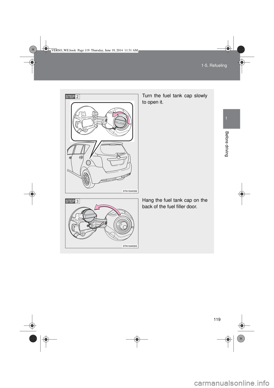 TOYOTA VERSO 2014  Owners Manual 119 1-5. Refueling
1
Before driving
Turn the fuel tank cap slowly
to open it.
Hang the fuel tank cap on the
back of the fuel filler door.
VERSO_WE.book  Page 119  Thursday, June 19, 2014  11:31 AM 