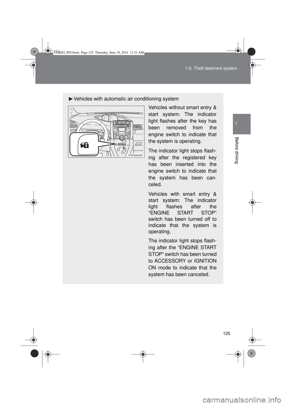 TOYOTA VERSO 2014  Owners Manual 125 1-6. Theft deterrent system
1
Before driving
Vehicles with automatic air conditioning system
Vehicles without smart entry &
start system: The indicator
light flashes after the key has
been removed