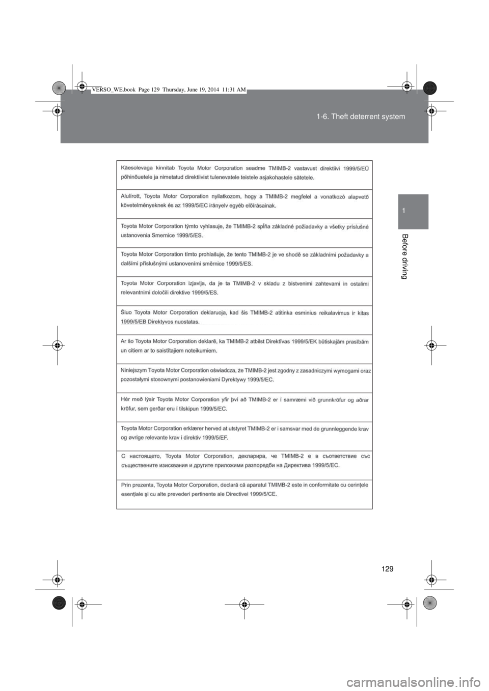TOYOTA VERSO 2014  Owners Manual 129 1-6. Theft deterrent system
1
Before driving
VERSO_WE.book  Page 129  Thursday, June 19, 2014  11:31 AM 