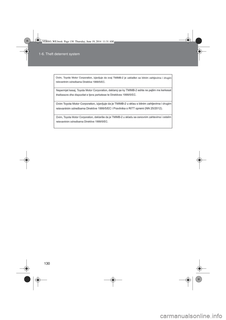 TOYOTA VERSO 2014  Owners Manual 130 1-6. Theft deterrent system
VERSO_WE.book  Page 130  Thursday, June 19, 2014  11:31 AM 