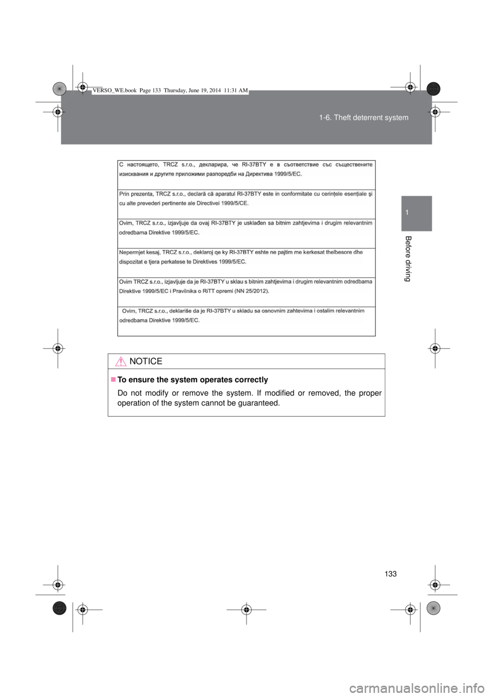 TOYOTA VERSO 2014  Owners Manual 133 1-6. Theft deterrent system
1
Before driving
NOTICE
To ensure the system operates correctly
Do not modify or remove the system. If modified or removed, the proper
operation of the system cannot