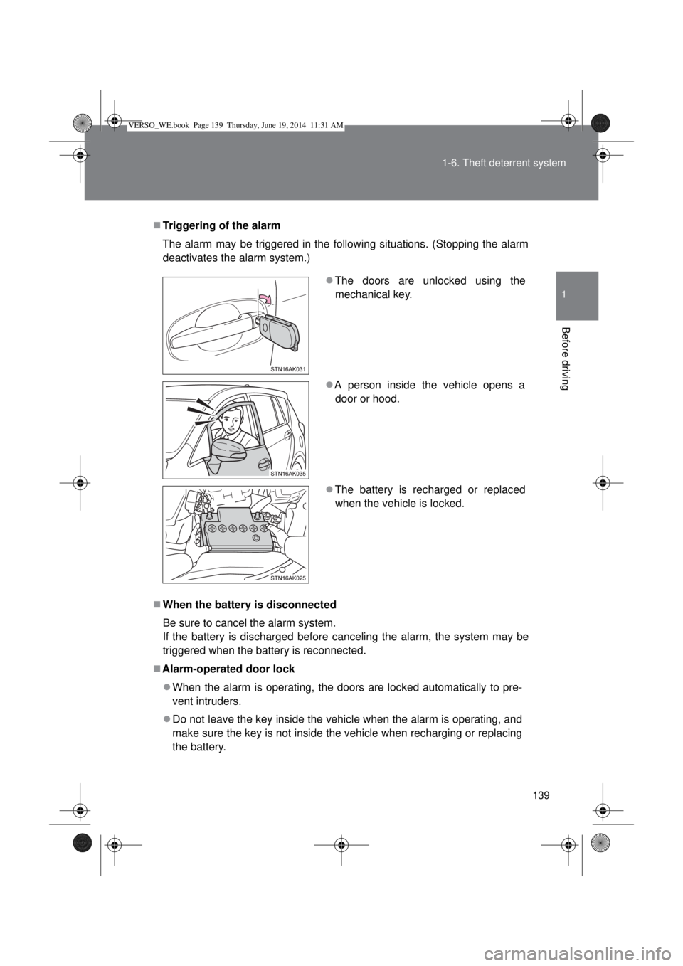 TOYOTA VERSO 2014  Owners Manual 139 1-6. Theft deterrent system
1
Before driving
Triggering of the alarm
The alarm may be triggered in the following situations. (Stopping the alarm
deactivates the alarm system.)
When the batte